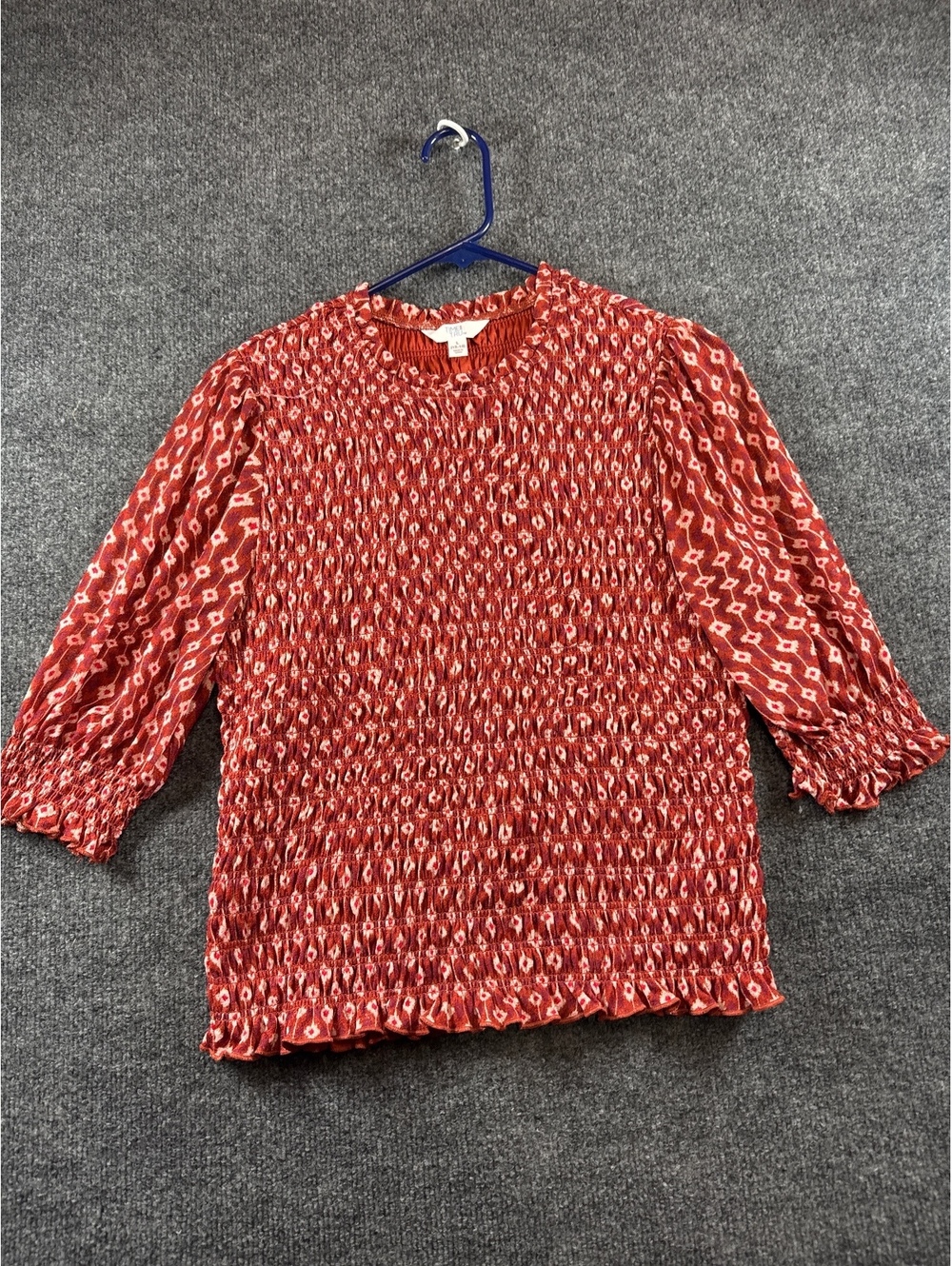 Time and Tru Blouse Womens L 12-14 Red White Print Smocked 3/4 Sleeve Boho